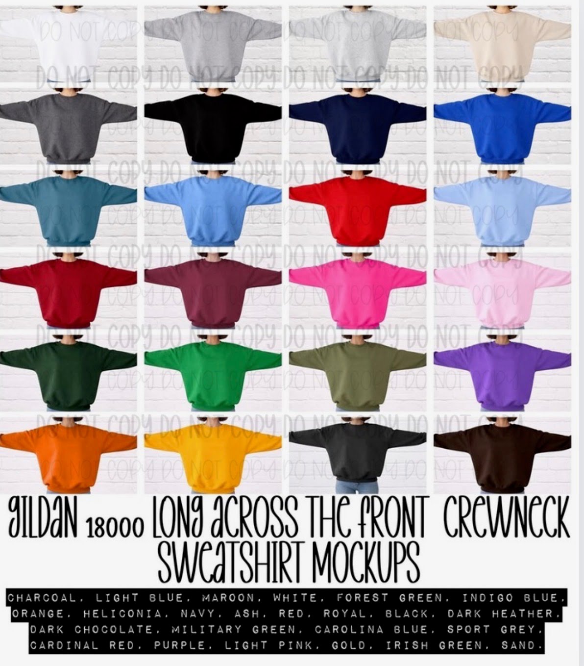 Gildan 18000 Long Across the Front BIG FRONT Crewneck Sweatshirt Mockups