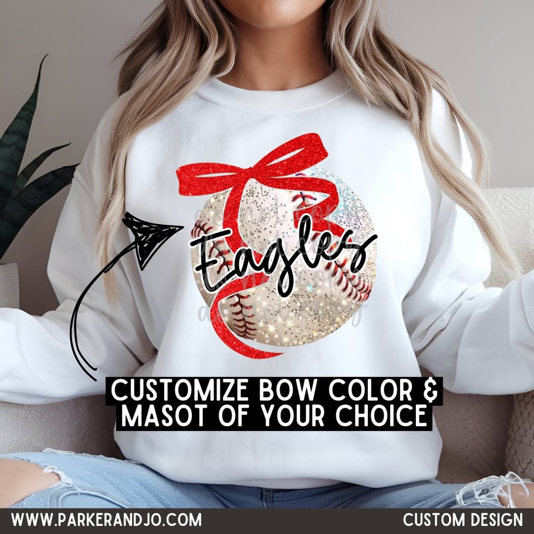 CUSTOM - Team/Mascot Faux Glitter Baseball Bow PNG
