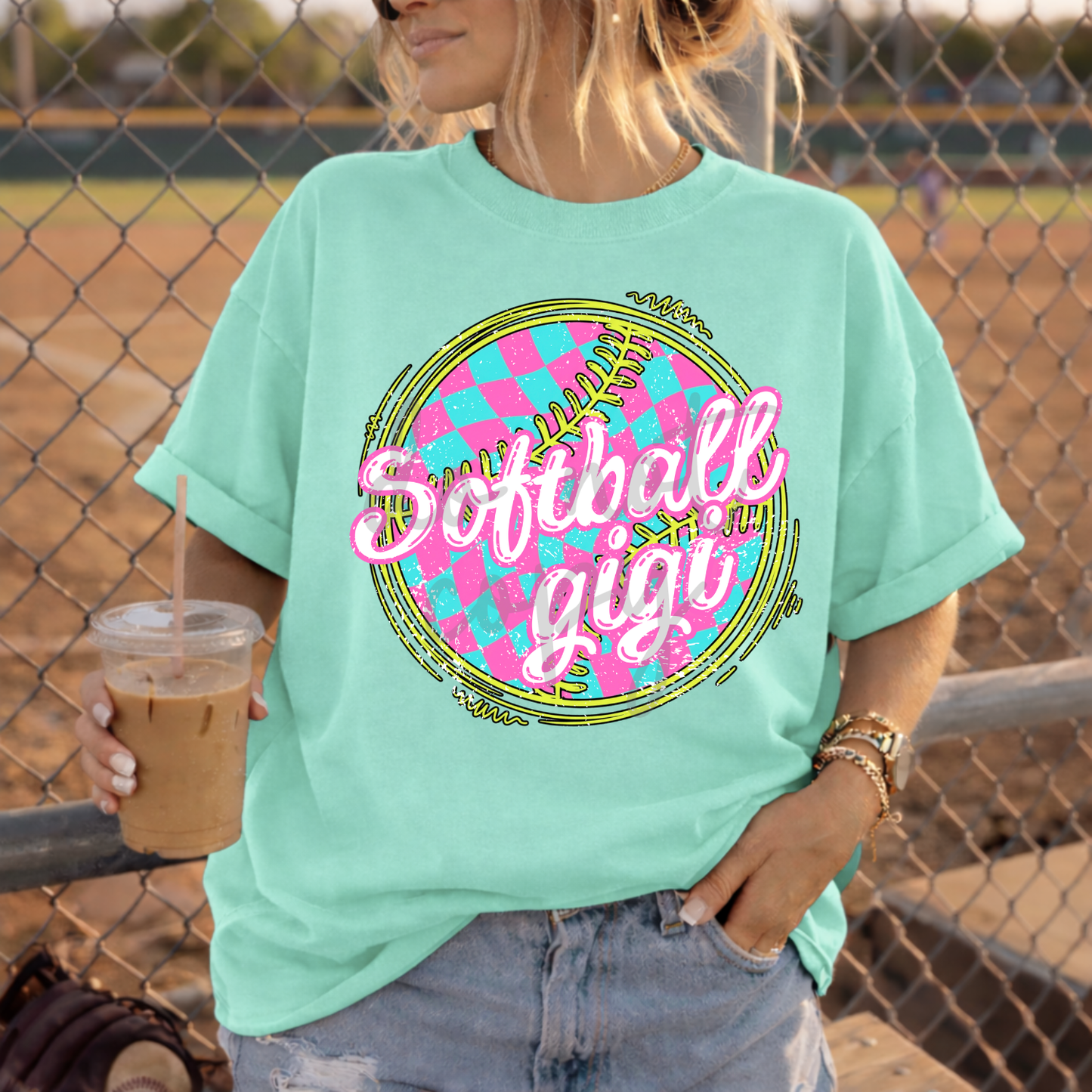 Parker & Jo™ Design Co. | Checkered pink & teal softball gigi png