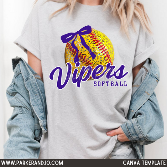 Faux Glitter Softball with Bow Canva Template