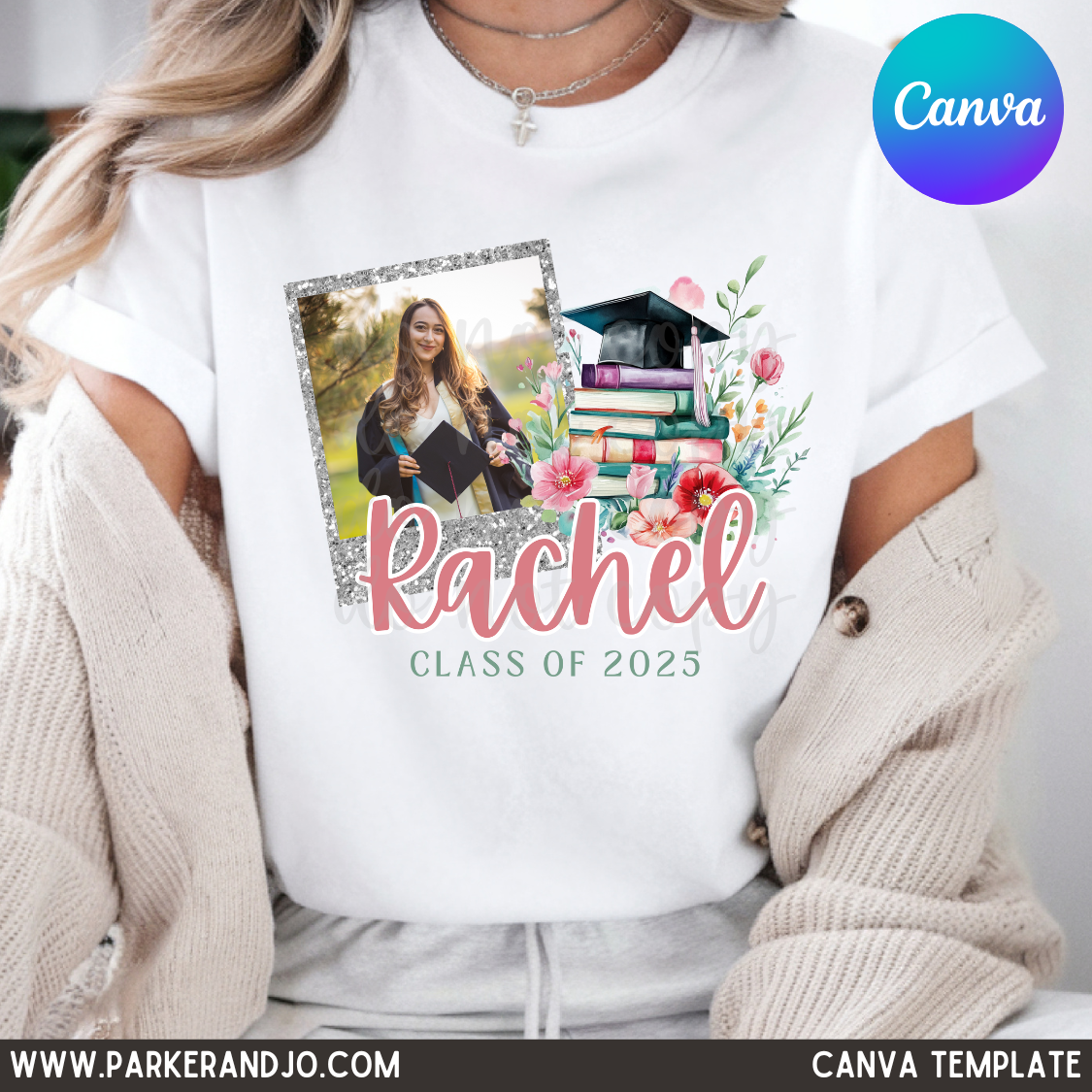 Floral Faux Glitter Graduation Canva Template