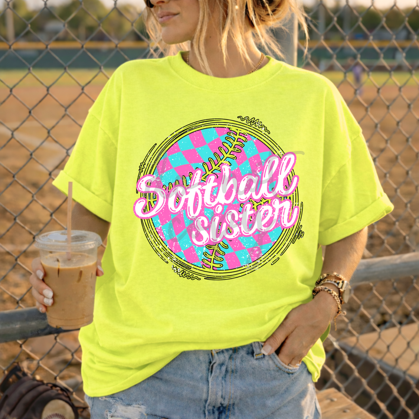Parker & Jo™ Design Co. | Checkered pink & teal softball sister png