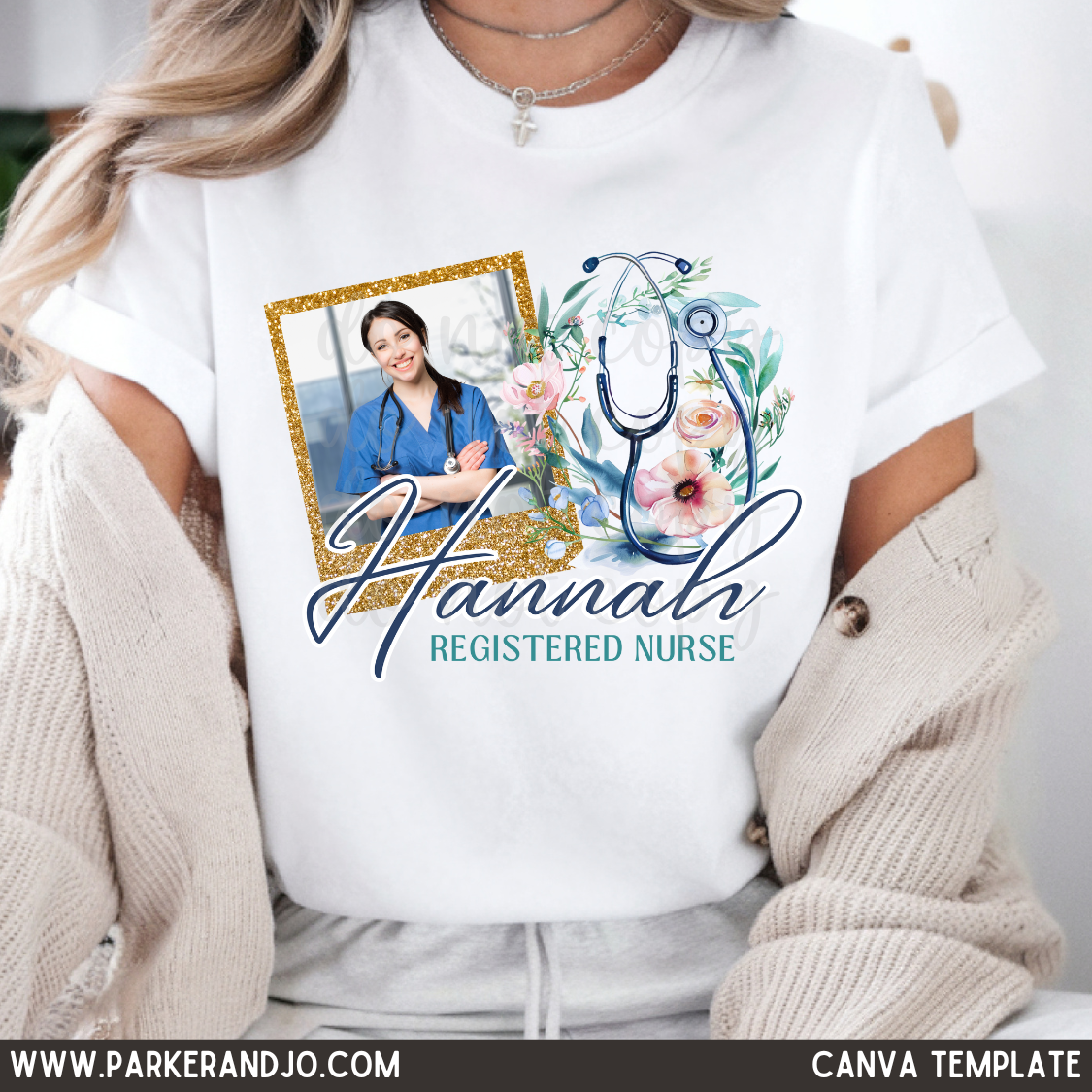 Floral Faux Glitter Stethoscope Nursing Canva Template