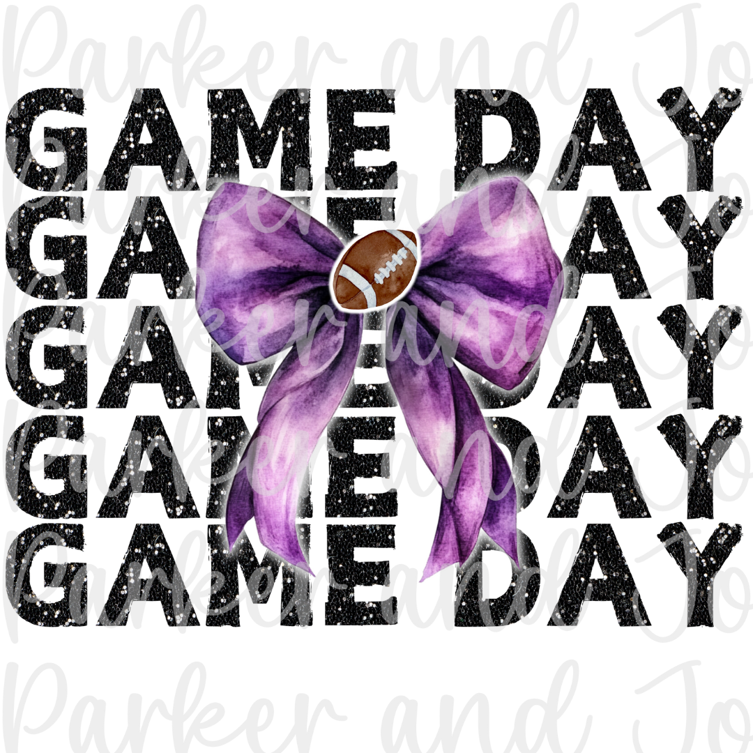 Gameday Purple & Black Glitter Football Coquette Bow PNG File
