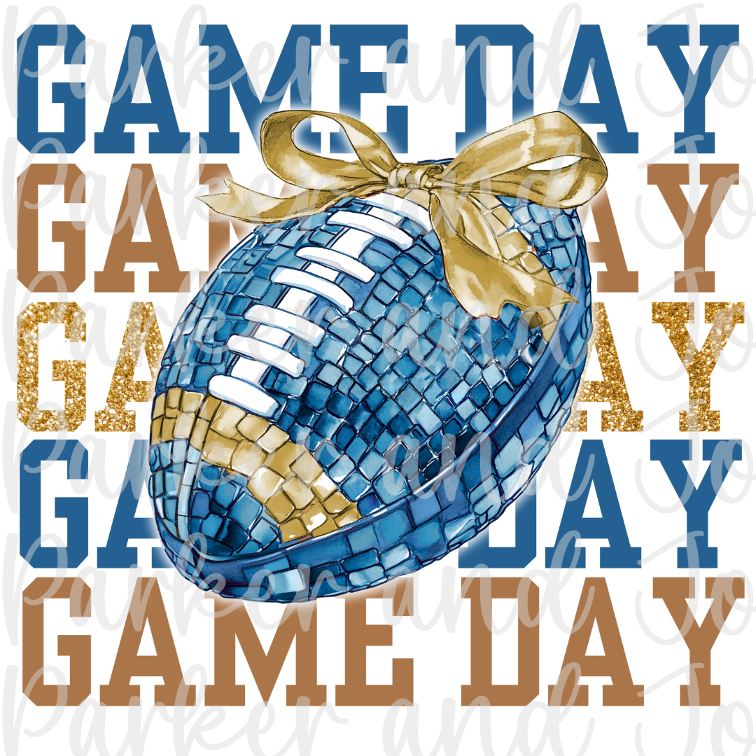 Blue & Gold Game Day Glitter Football Coquette Bow PNG File