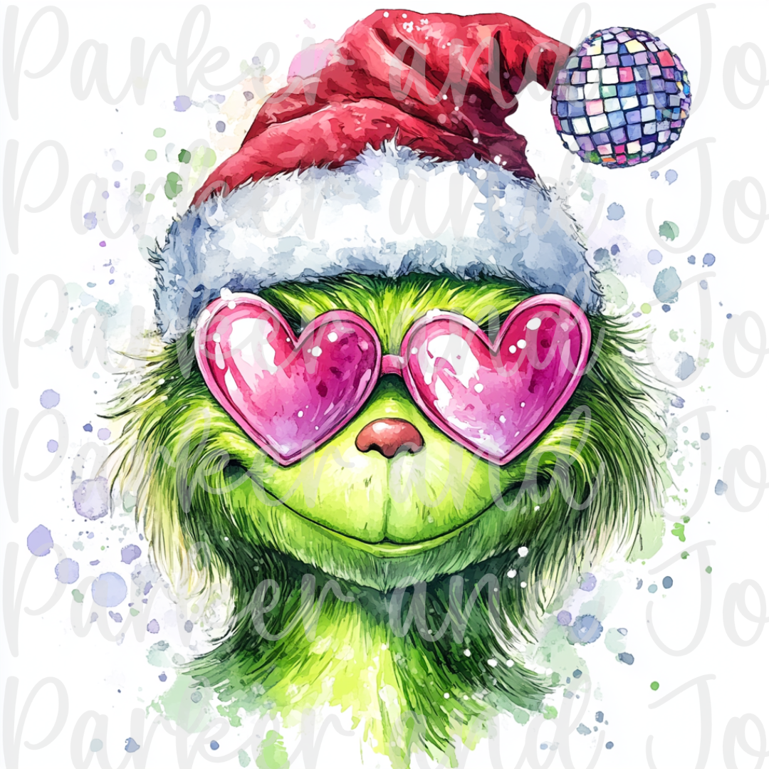 Watercolor Green Guy Face with Pink Heart Sunglasses
