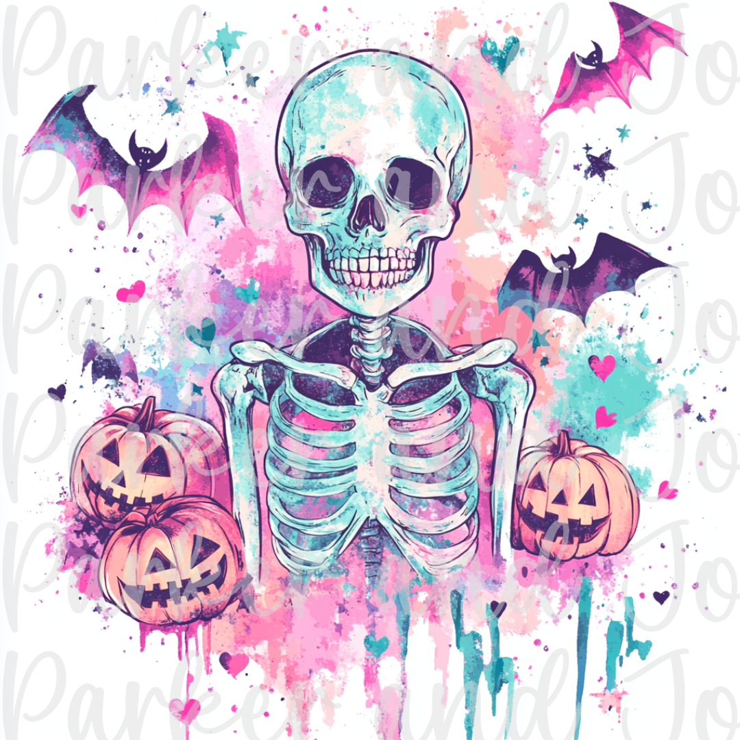 Spooky Pastel Watercolor Skeleton PNG