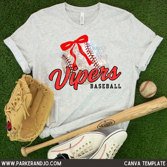 Faux Glitter Baseball with Bow Canva Template