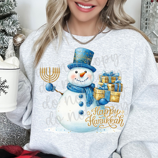 Happy Hanukkah Snowman with Menorah and Presents PNG