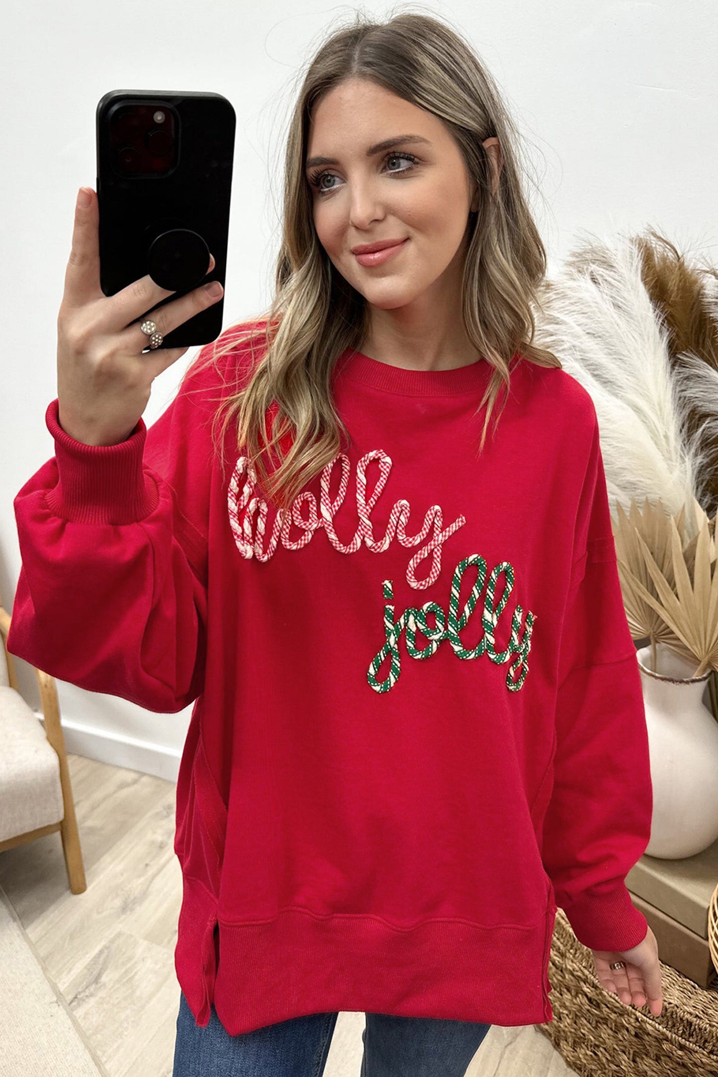 Racing Red Holly Jolly Embroidered Graphic Baggy Sweatshirt