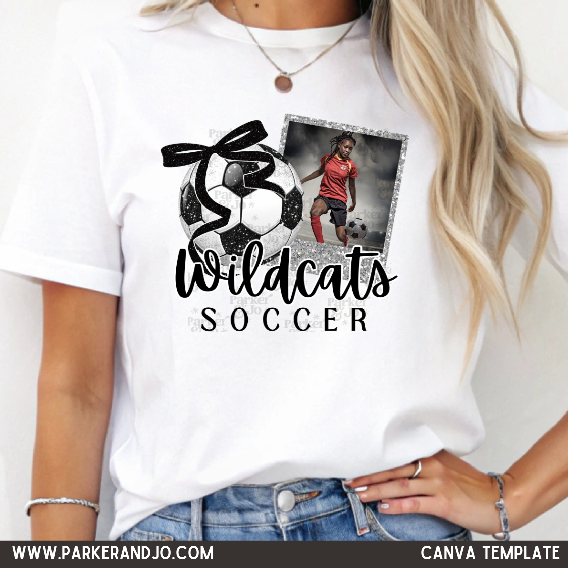 Soccer Faux Glitter Bow Photo Frame Canva Template