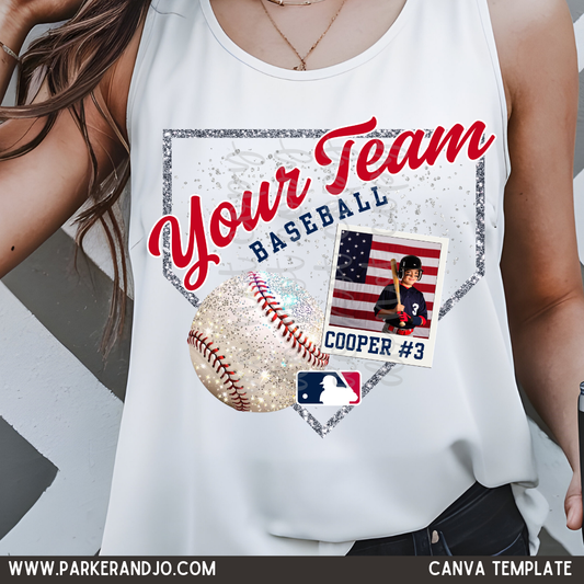 Your Team Baseball Faux Glitter Polaroid Canva Template