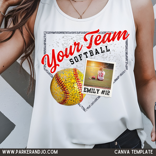 Your Team Softball Faux Glitter Polaroid Canva Template