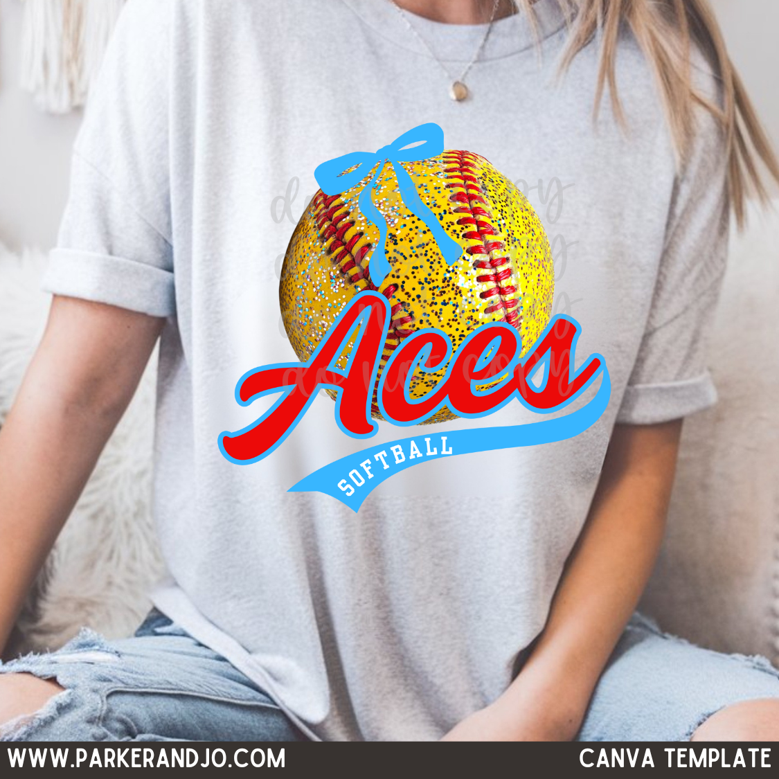 Softball Faux Glitter with Bow Team Canva Template
