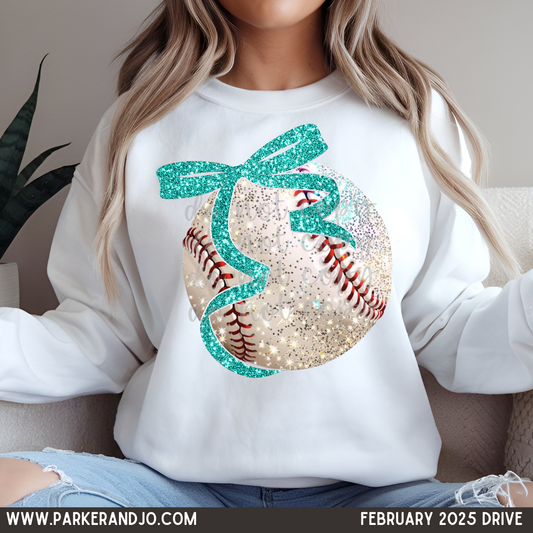 Faux Glitter Baseball with Teal Bow PNG