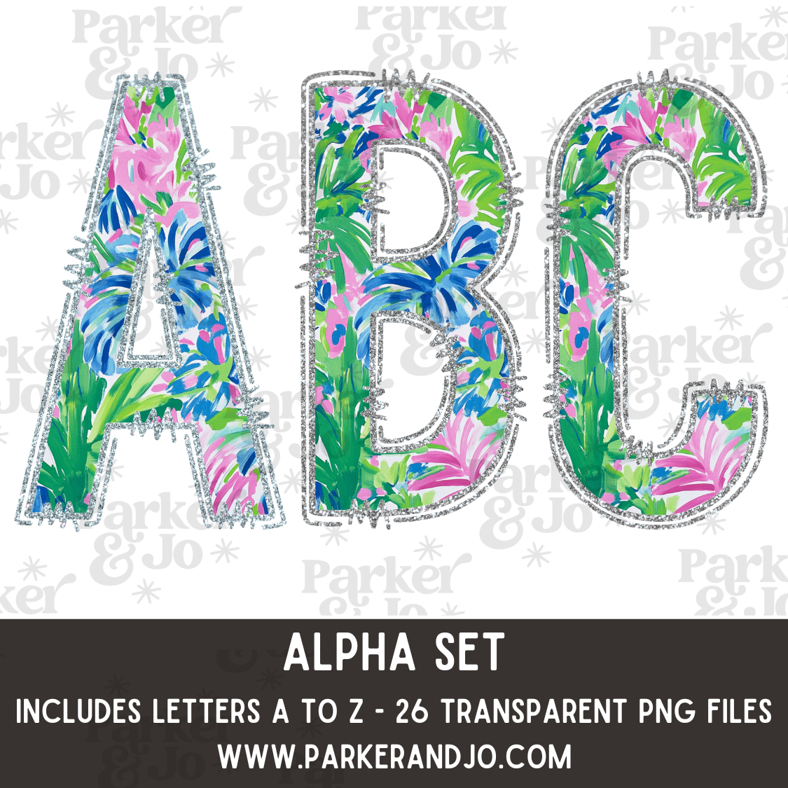 Tropical Palms with Silver Faux Glitter Outline Alpha Set
