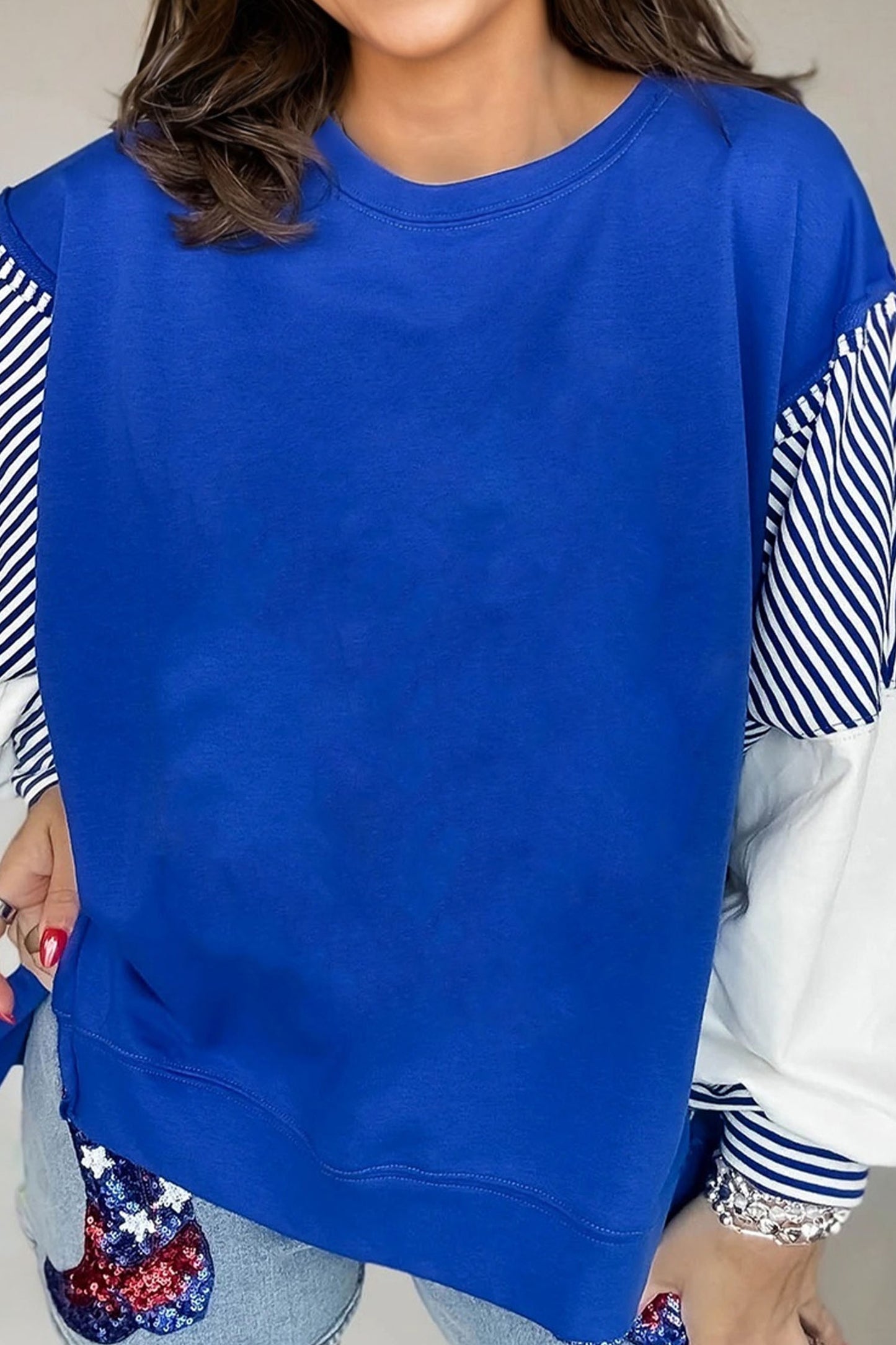 Dark Blue Striped Patchwork Sleeve Colorblock Sweatshirt