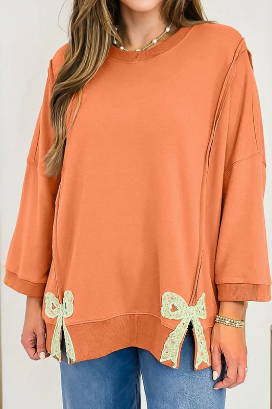 Grapefruit Orange Floral Bow Patched Exposed Seam Patchwork Slit Baggy Sweatshirt