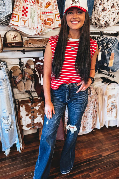 Red Stripe Ribbed Round Neck Trim Loose Tank Top