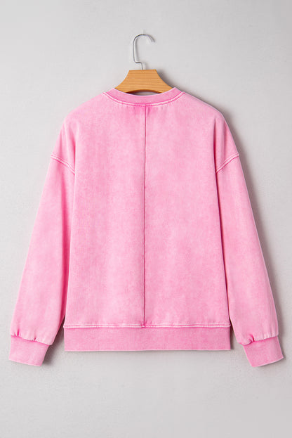Bright Pink Mineral Wash Crossed Crew Neck Drop Shoulder Loose Sweatshirt