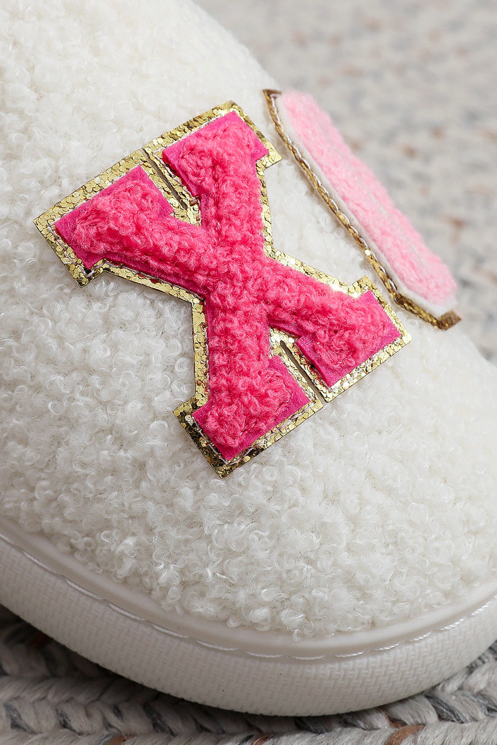 White XO XO Glitter Trim Letter Patched Plush House Slippers