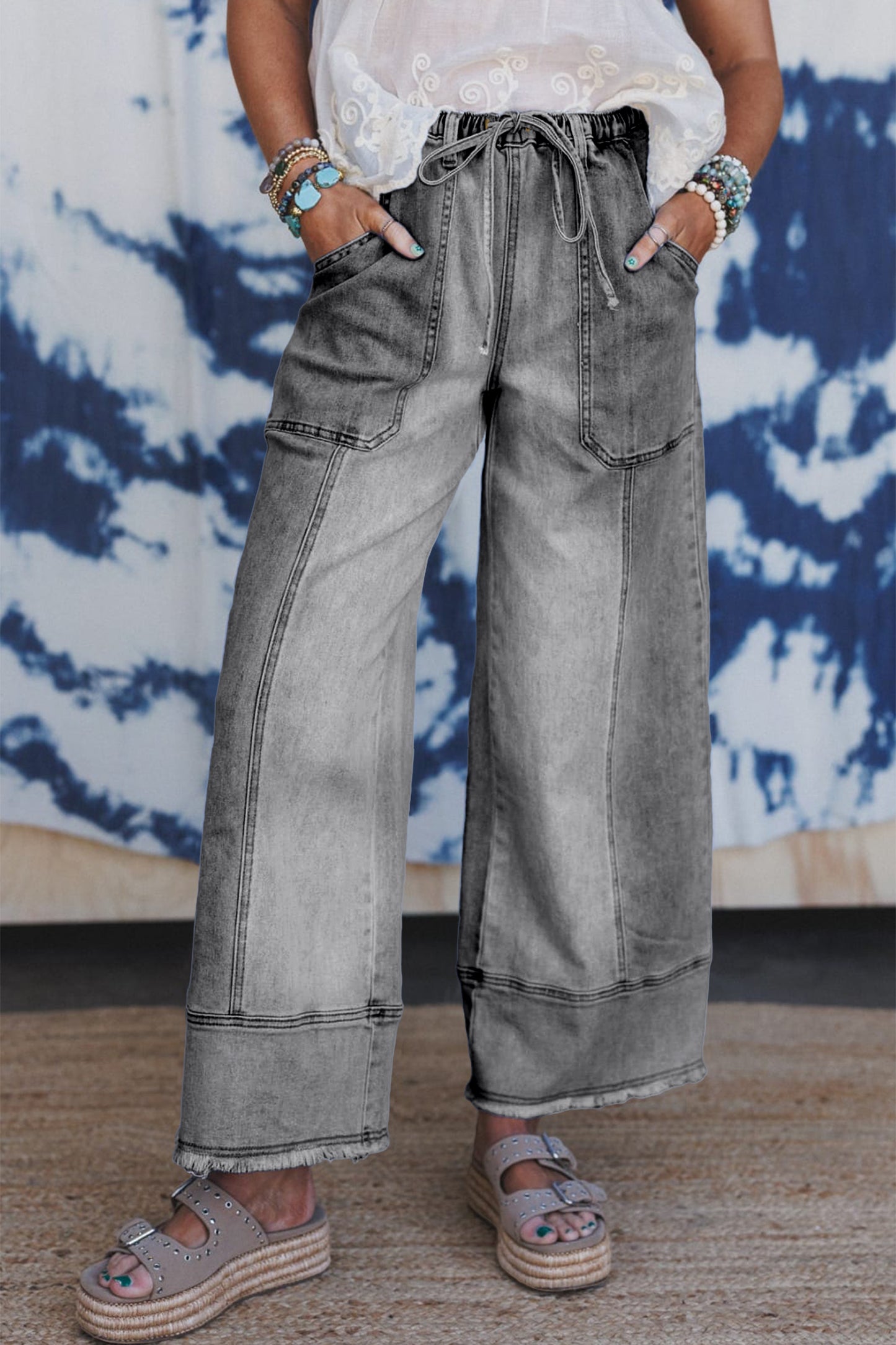 Gray Drawstring Seam Detail Raw Hem Wide Leg Denim Pants