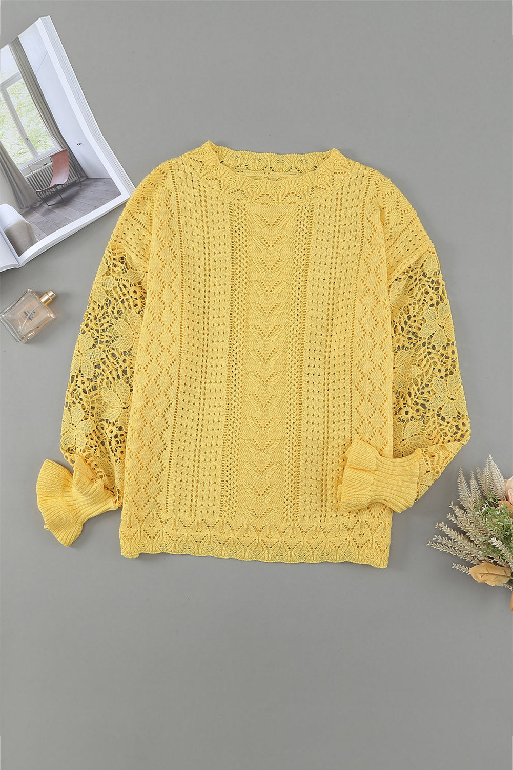 Yellow Crochet Lace Pointelle Knit Sweater