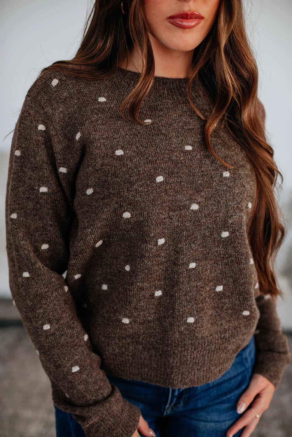 Coffee Dotted Print Ribbed Edge Knit Sweater
