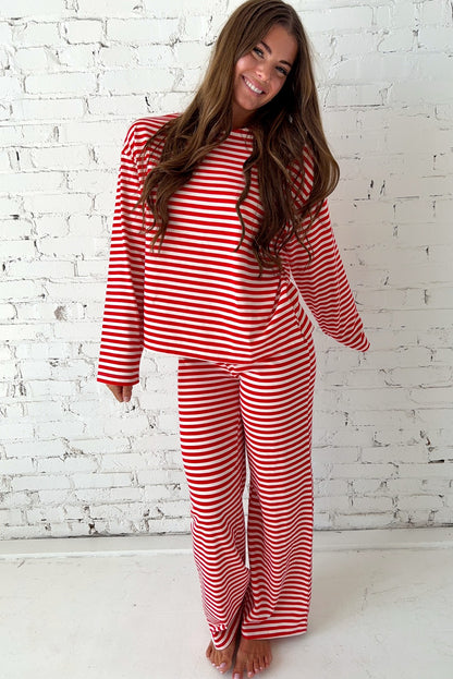 Red Stripe Drop Shoulder Long Sleeve Top Lounge Pants 2pcs Set