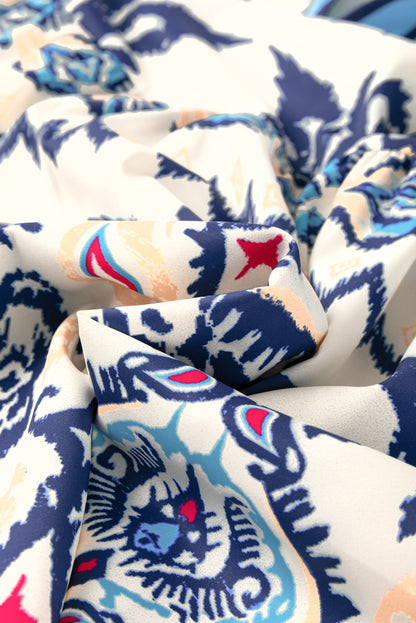 Blue Ethnic Print Striped Split Neck Long Sleeve Flowy Mini Dress