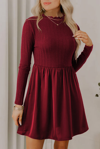 Red Dahlia Frilled Neck Ribbed Knit Patchwork Long Sleeve Mini Dress