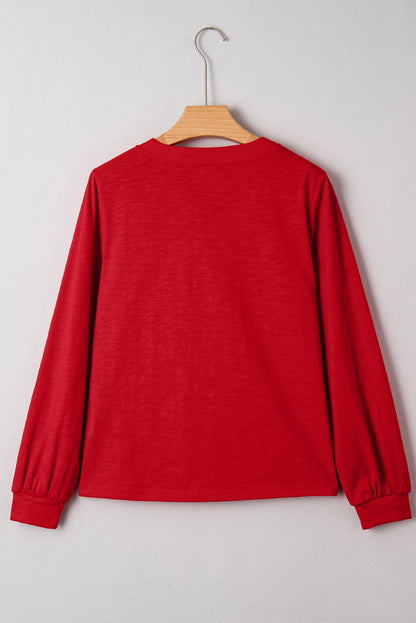 Racing Red Solid Color Button V Neck Long Sleeve Top