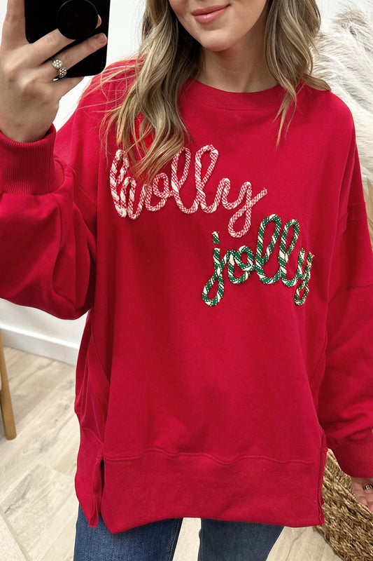 Racing Red Holly Jolly Embroidered Graphic Baggy Sweatshirt
