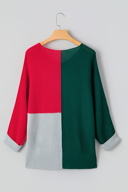 Evergreen Color Block Knit V Neck Loose Sweater