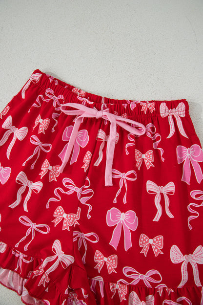 Red Sweet Bow Print Ruffled Short Sleeve Shirt Shorts 2pcs Pajama Set