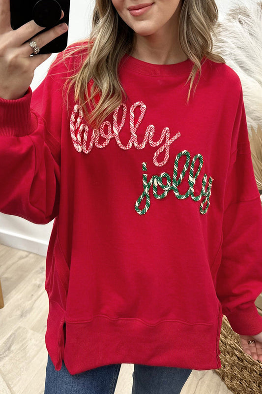Racing Red Holly Jolly Embroidered Graphic Baggy Sweatshirt
