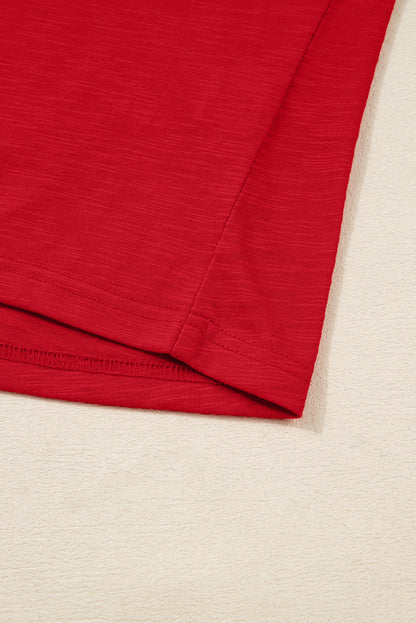 Racing Red Solid Color Button V Neck Long Sleeve Top