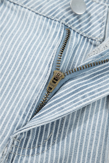 Sky Blue Stripe Button Flap Pocket Cuffed Hem Wide Leg Jeans