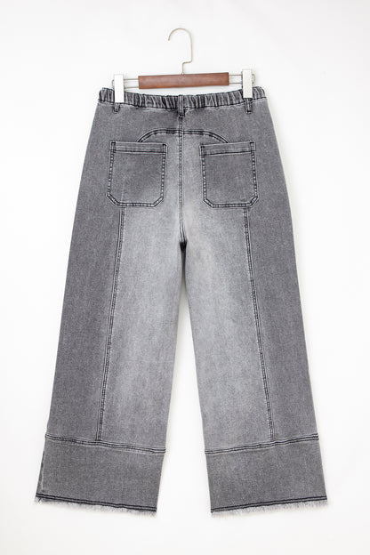 Gray Drawstring Seam Detail Raw Hem Wide Leg Denim Pants
