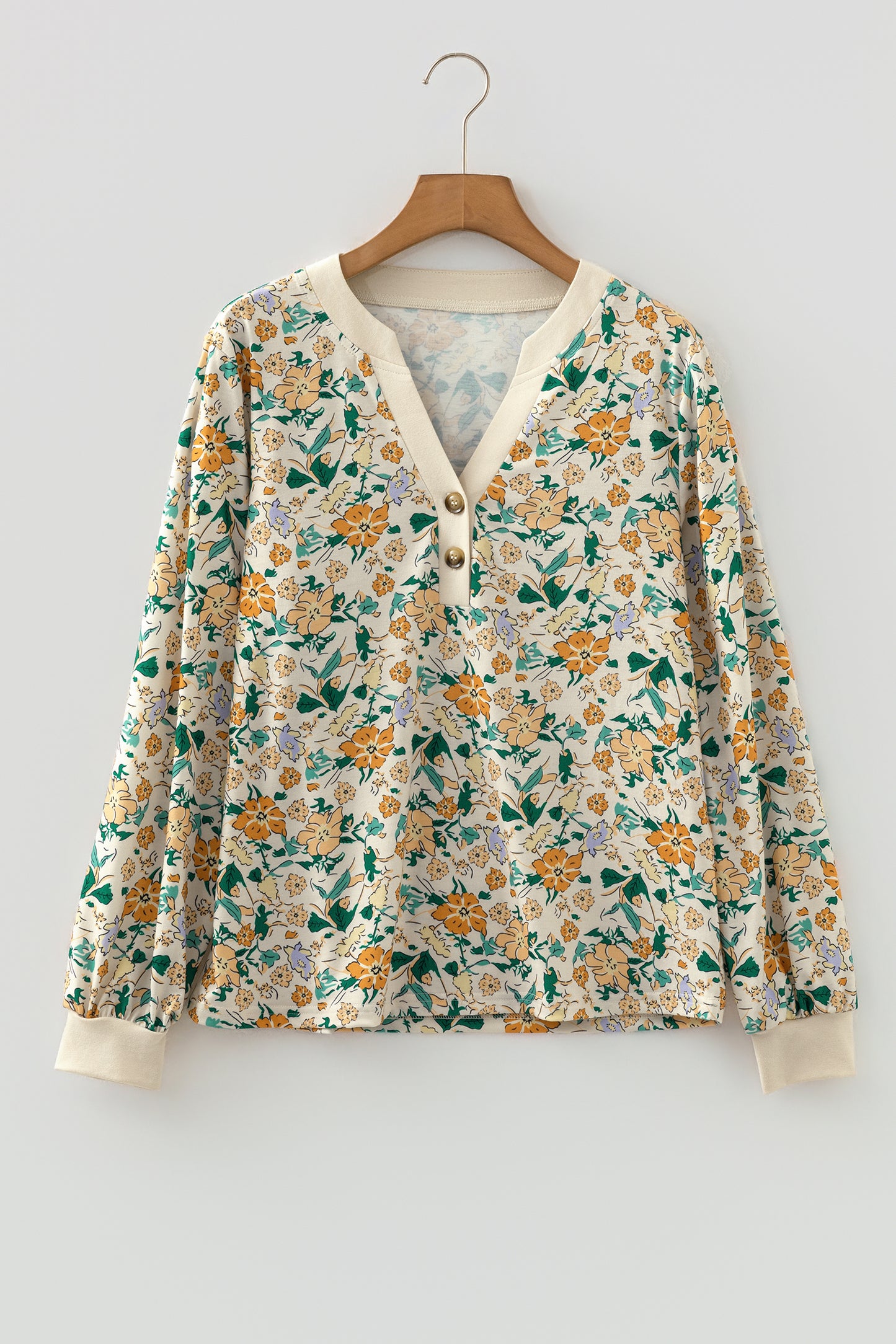 Khaki Floral Print Button Notched V Neck Long Sleeve Top