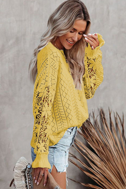 Yellow Crochet Lace Pointelle Knit Sweater