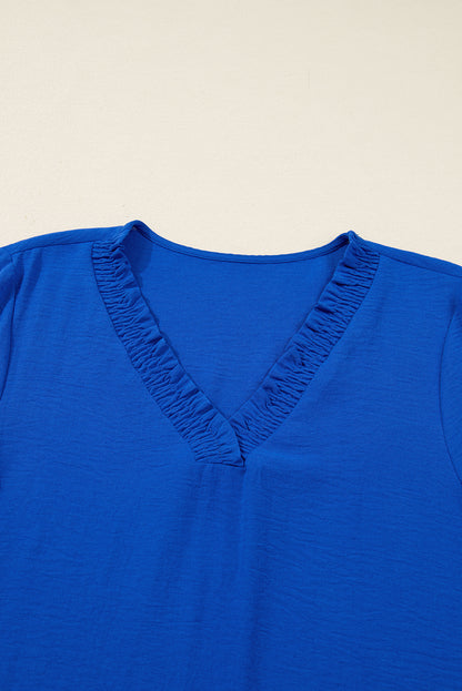 Sky Blue Frilled V Neck Bracelet Sleeve Shift Mini Dress