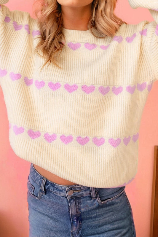 Pink Heart Pattern Valentine Ribbed Knit Sweater
