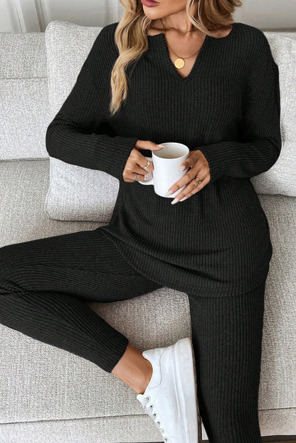 Black Ribbed Notched Neck Knit Long Sleeve Leggings Two Pieces Lounge Set