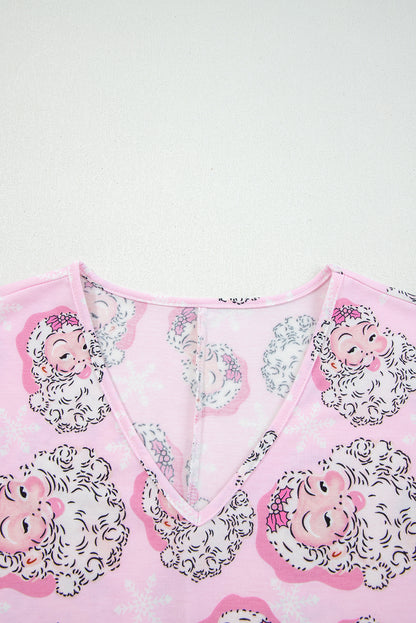 Pink Santa Claus Print V Neck Tee Drawstring Pants 2pcs Lounge Set