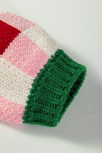 Pink Plaid Knit Bow Knot Decor Open Front Sweater Cardigan