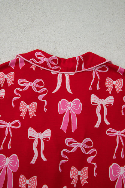 Red Sweet Bow Print Ruffled Short Sleeve Shirt Shorts 2pcs Pajama Set
