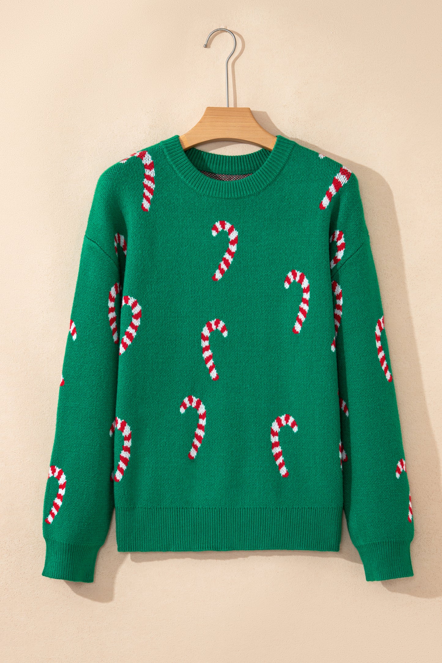 Dark Green Christmas Candy Cane Holiday Drop Shoulder Sweater