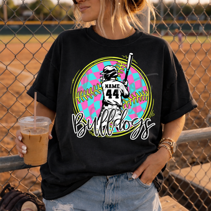 checkered softball and baseball player editable canva template