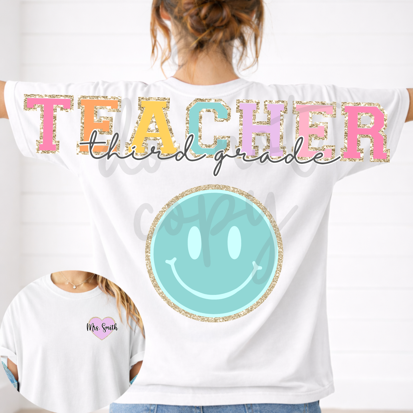 Teacher Pastel Glitter Long Big Back Editable Template